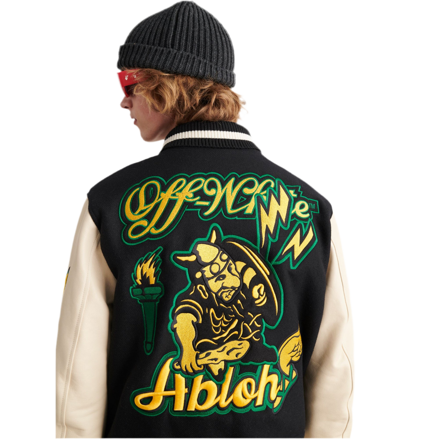 Off-White Graphics Leather Varsity Jacket Black/White/Yellow/Green