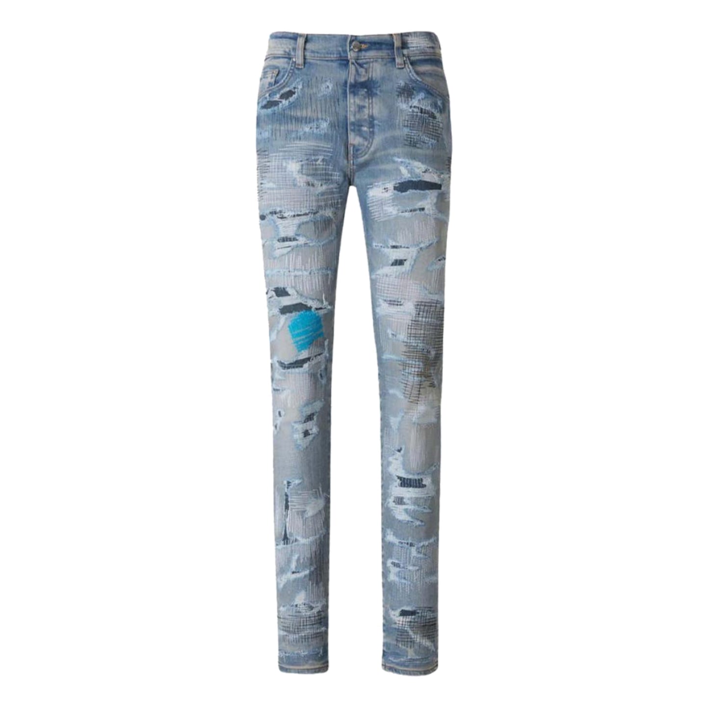 Amiri Distressed Embroidered Jeans Blue
