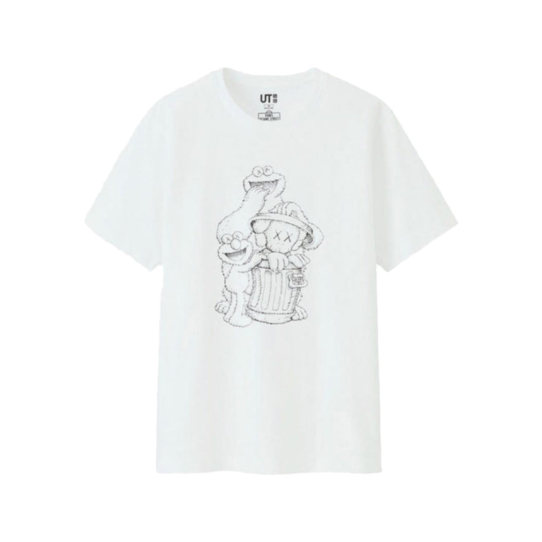 KAWS x Uniqlo x Sesame Street Companion Trash Can Outline Tee White