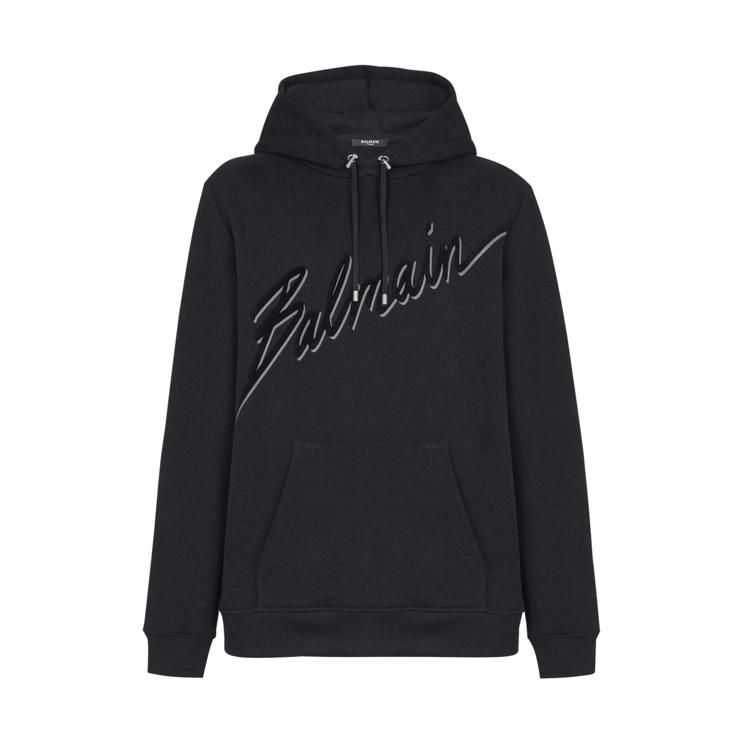 Balmain Flocked Balmain Letter Pullover Hoodie Black