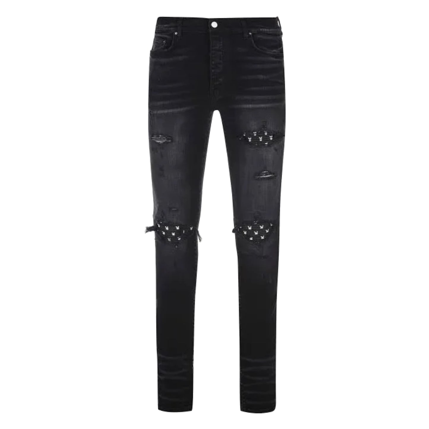 Amiri MX1 Playboy Black Leather Patch Jeans Black