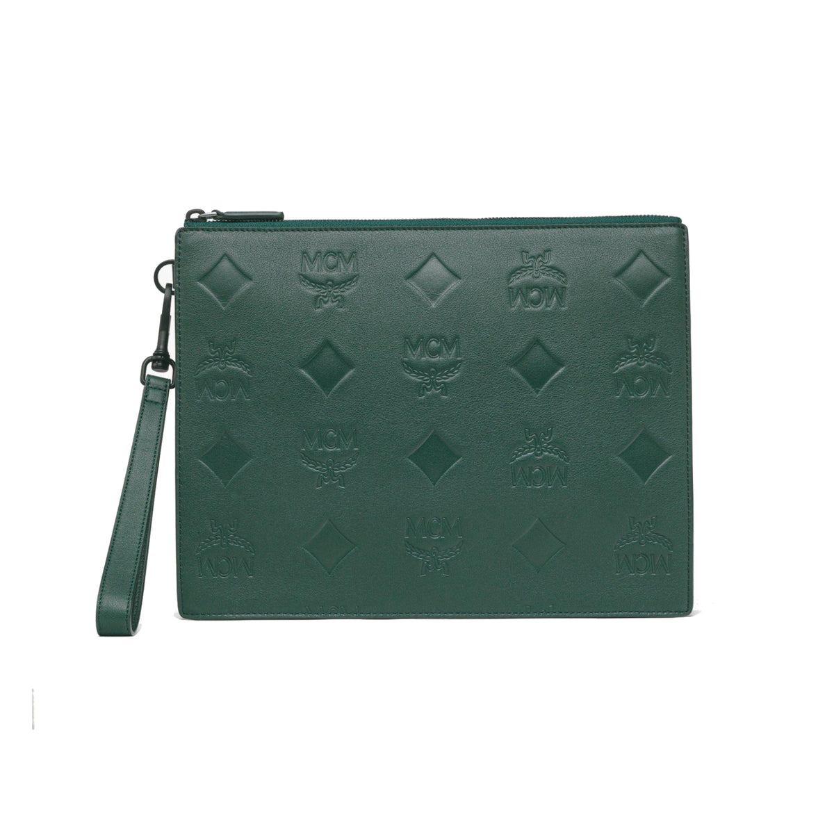 MCM Aren Wristlet Zip Pouch In Maxi Monogram Leather Green