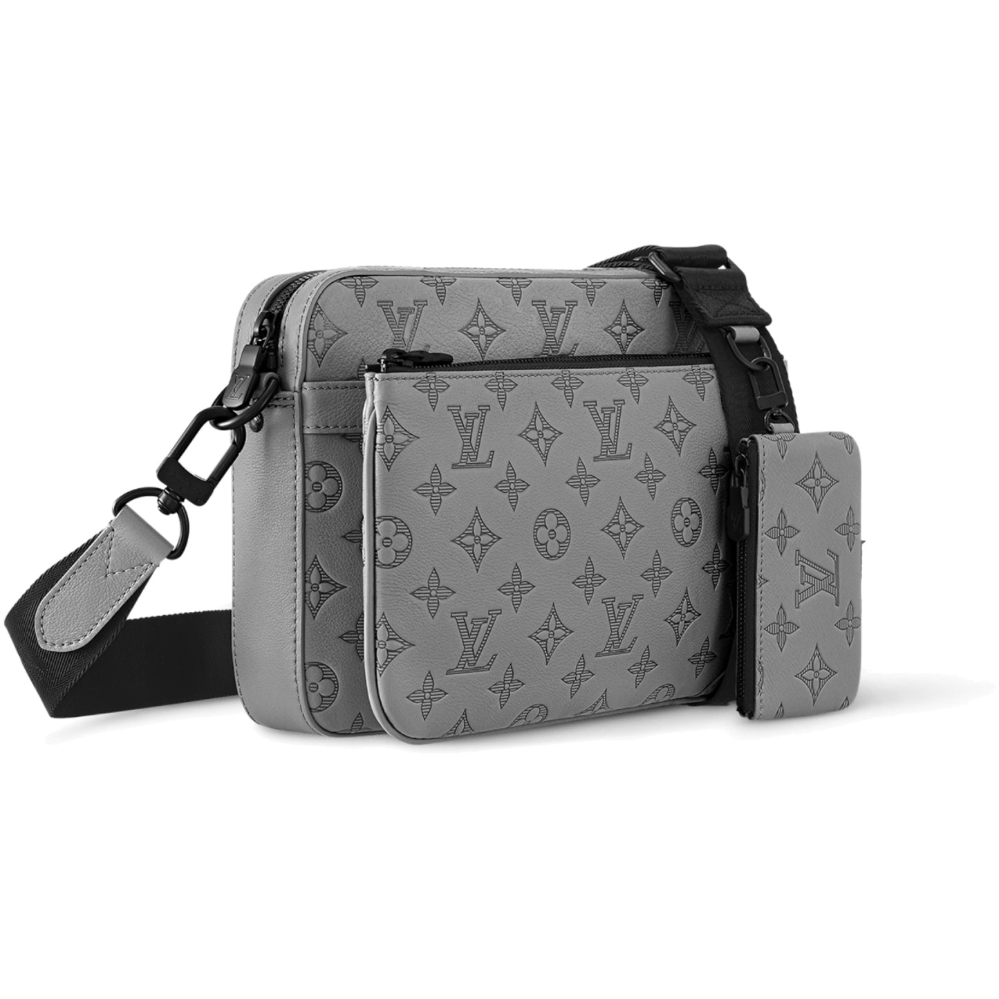 Louis Vuitton Monogram LV Logo Embossed Calfskin Trio Messenger Bag Grey