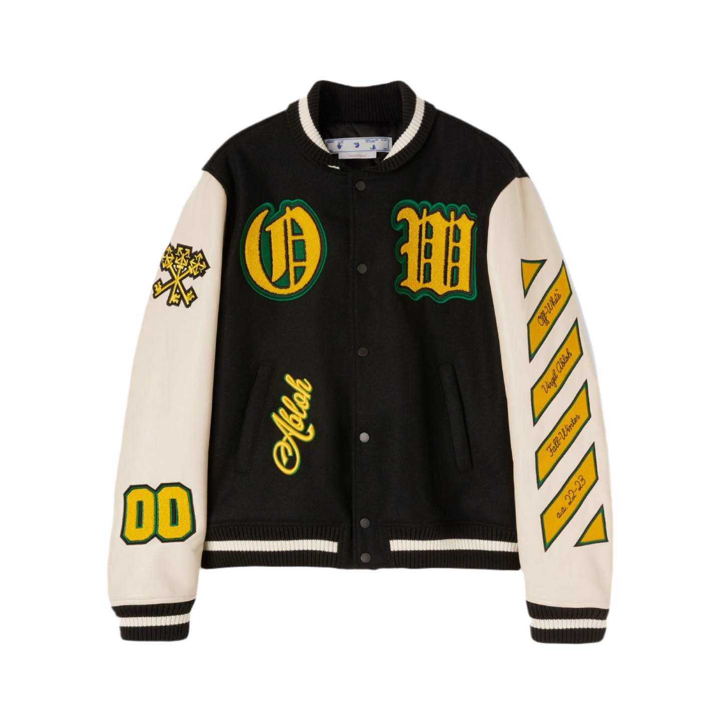 Off-White Graphics Leather Varsity Jacket Black/White/Yellow/Green