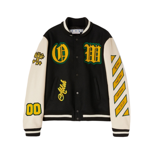 Off-White Graphics Leather Varsity Jacket Black/White/Yellow/Green