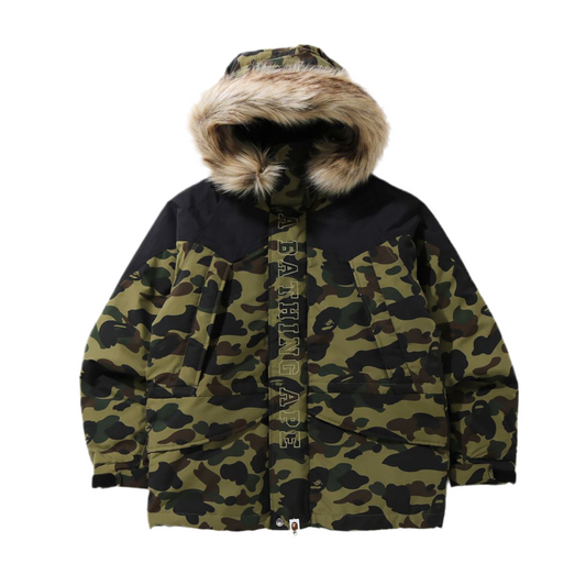 Bape 1st Down Puffer Jacket With Fur Camo Green