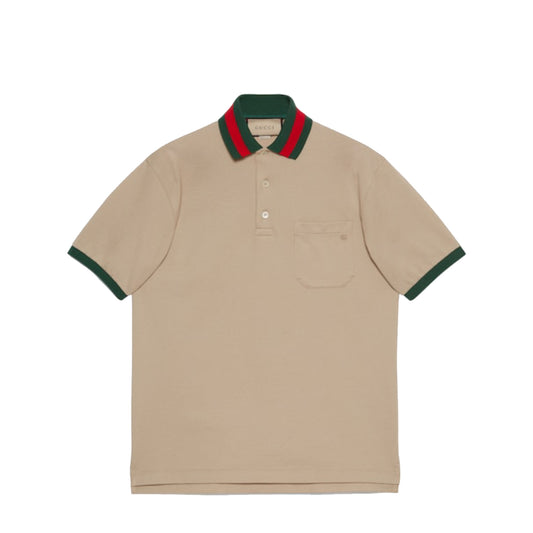 Gucci Cotton Piquet Web Collar Polo Beige
