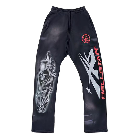 Hellstar Airbrushed Skull Flare Bottom Sweatpants Midnight Dye Black