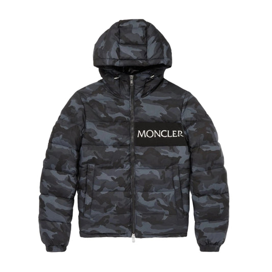 Moncler Aiton Quilted Camouflage Print Shell Hooded Down Jacket Charcoal
