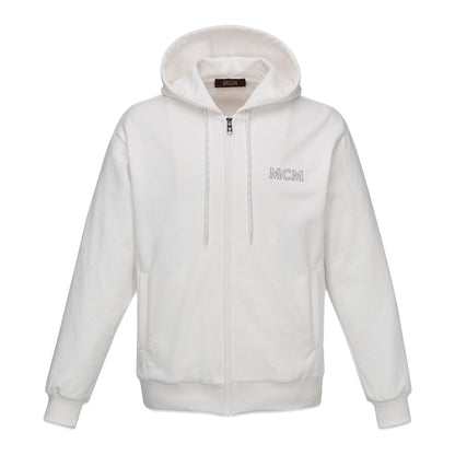 MCM Essentials Logo Organic Cotton Zip Up Hoodie Egret