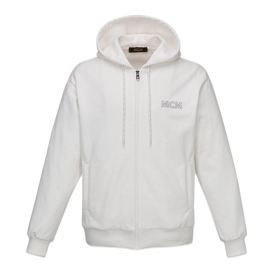 MCM Essentials Logo Organic Cotton Zip Up Hoodie Egret