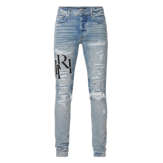 Amiri Staggered Leather Logo Distressed Jeans Vintage indigo