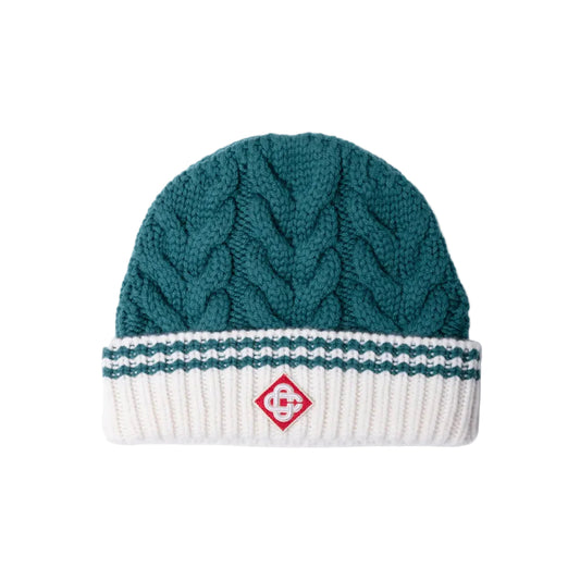 Casablanca Cable Stitch Merino Wool Beanie Green/Off-white