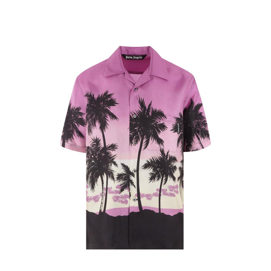 Palm Angels Palm Tree Sunset Print Silk Shirt Purple/Black