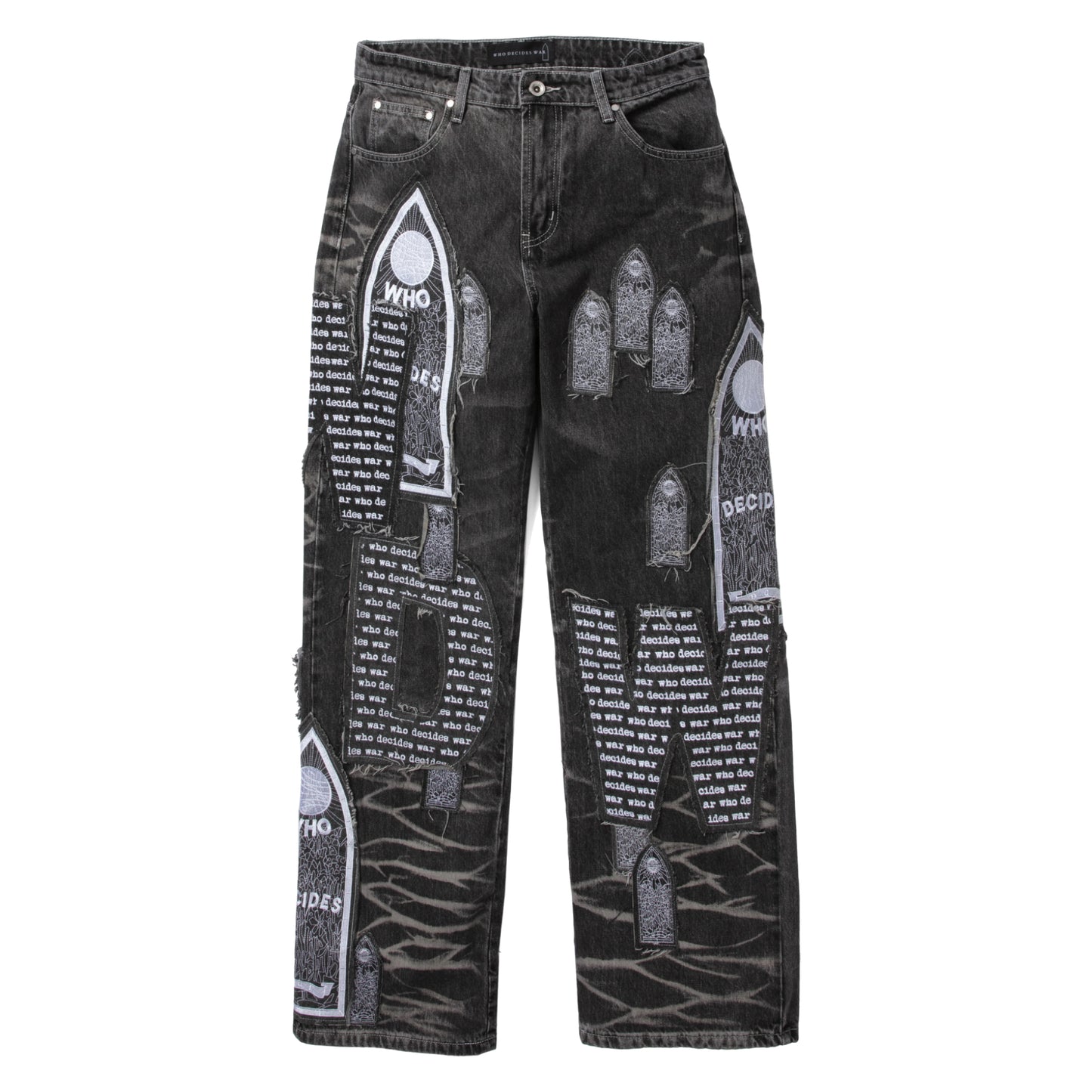 Who Decides War Motif Patched Denim Jeans Vintage Grey