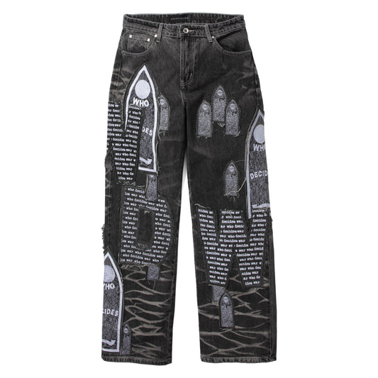 Who Decides War Motif Patched Denim Jeans Vintage Grey