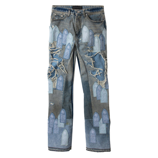 Who Decides War Patched Arch Repaired Blowout Jeans Blue