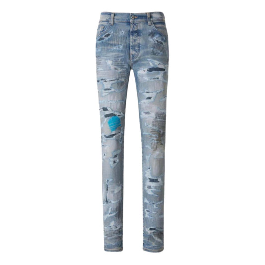 Amiri Distressed Embroidered Jeans Blue