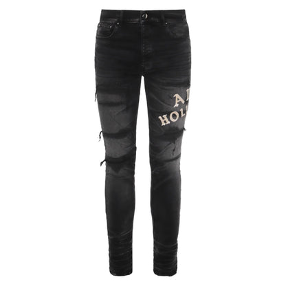 Amiri Hollywood Logo Repaired Jeans Black