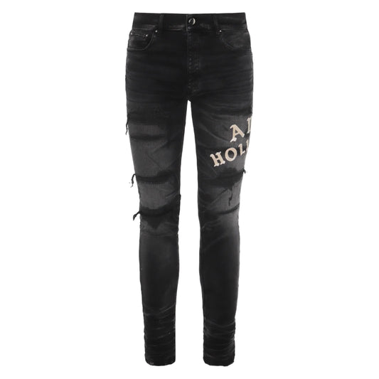 Amiri Hollywood Logo Repaired Jeans Black