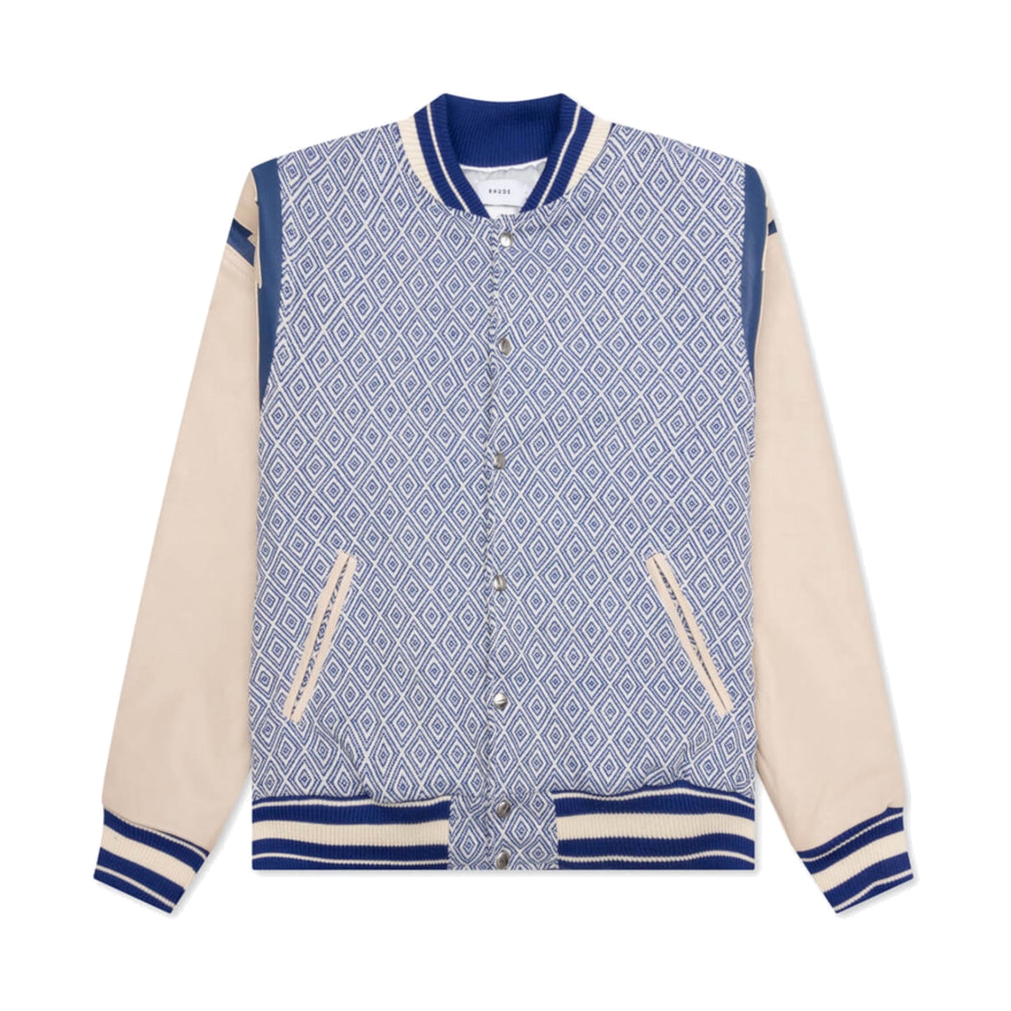 Rhude Jacquard Lightning Lambskin Leather Bomber Jacket Blue/Ivory