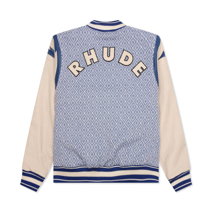 Rhude Jacquard Lightning Lambskin Leather Bomber Jacket Blue/Ivory