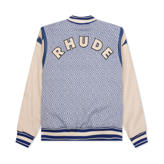 Rhude Jacquard Lightning Lambskin Leather Bomber Jacket Blue/Ivory