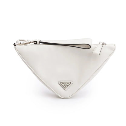 Prada Triangle Wristlet Pouch Embossed Logo Leather Clutch Bag White