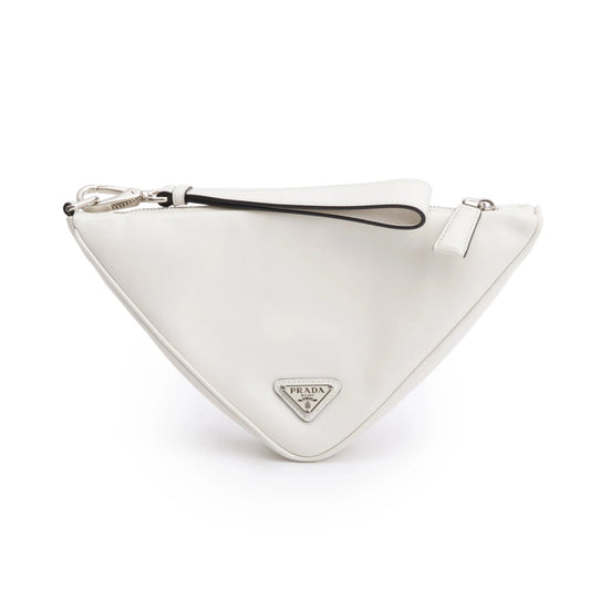 Prada Triangle Wristlet Pouch Embossed Logo Leather Clutch Bag White