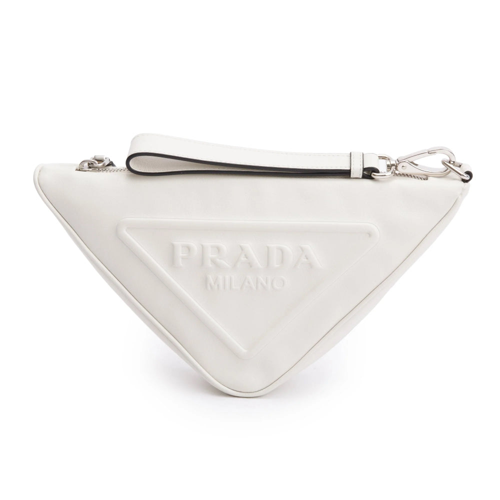 Prada Triangle Wristlet Pouch Embossed Logo Leather Clutch Bag White