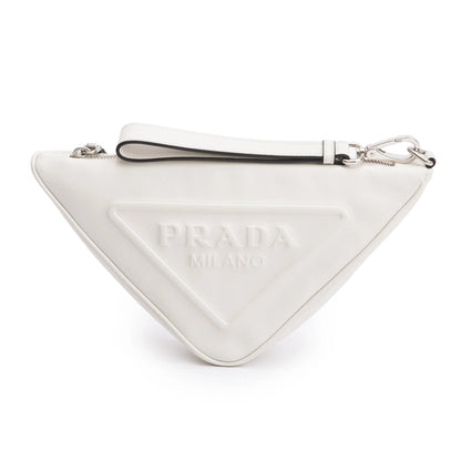 Prada Triangle Wristlet Pouch Embossed Logo Leather Clutch Bag White