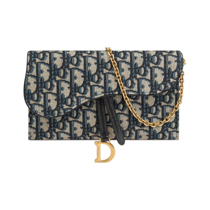Dior Small Saddle Pouch With Chain Blue Dior Oblique Jacquard
