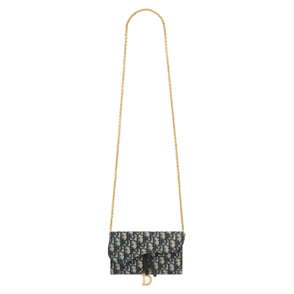 Dior Small Saddle Pouch With Chain Blue Dior Oblique Jacquard