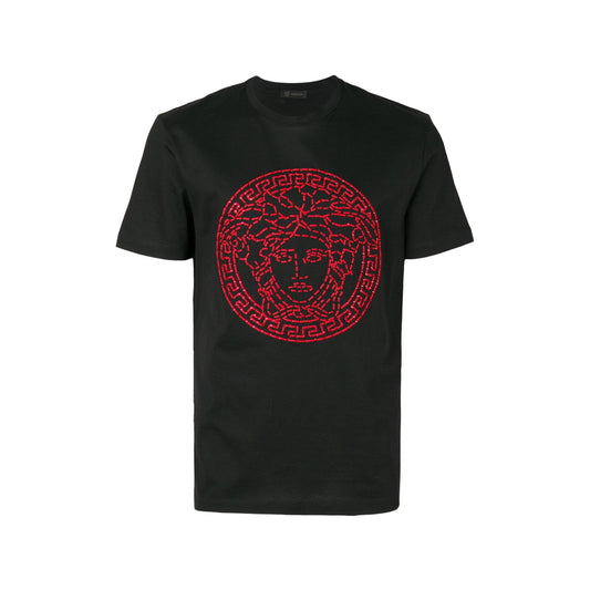 Versace Medusa Red Crystal Embellished T-Shirt Black