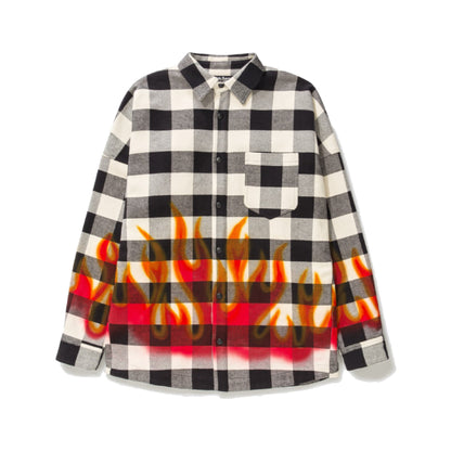 Palm Angels Burning Logo Flames Flannel Overshirt White/Black