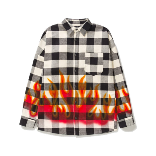 Palm Angels Burning Logo Flames Flannel Overshirt White/Black