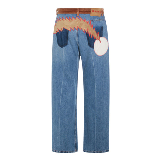 Marni + Slawn and Soldier Straight-Leg Appliquéd Cotton Velvet-Trimmed Jeans Blue