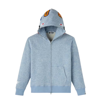 OVO x BAPE Neon 1st Camo Shark Full-Zip Hoodie Light Indigo