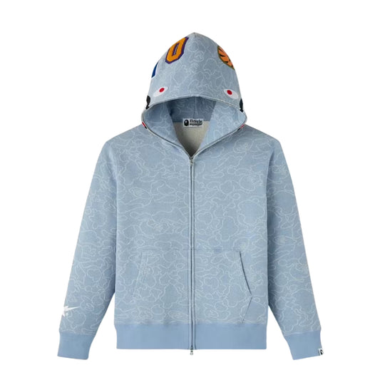 OVO x BAPE Neon 1st Camo Shark Full-Zip Hoodie Light Indigo