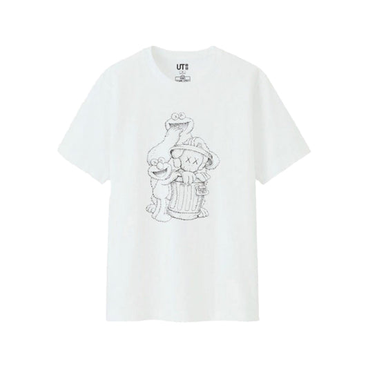KAWS x Uniqlo x Sesame Street Companion Trash Can Outline Tee White