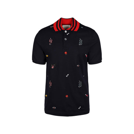 Gucci Kingsnake Floral Embroidered Polo Shirt Black