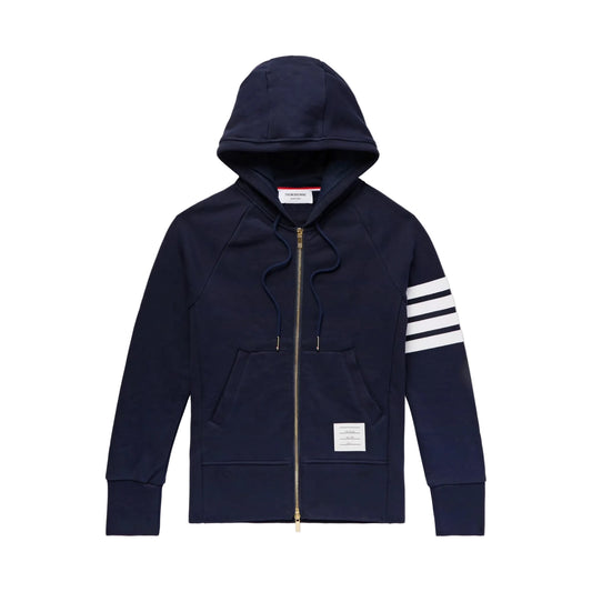 Thom Browne Cotton Zip Up Hoodie With Four-Bar Stripes Navy