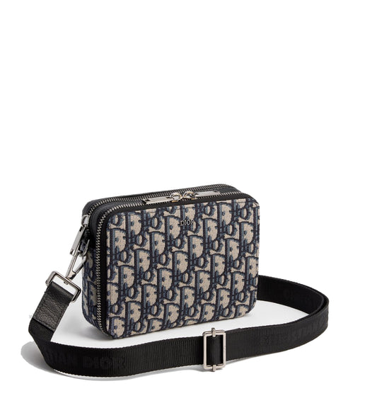 Zipped Pouch with Strap Beige and Black Dior Oblique Jacquard