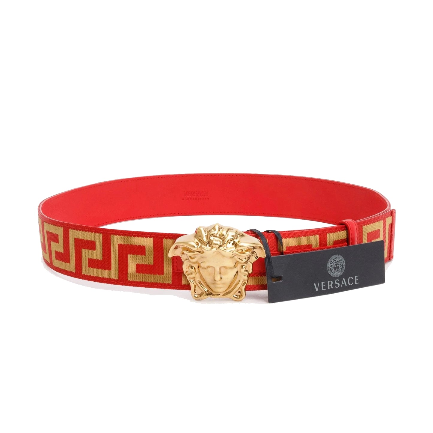 Versace Tonal Medusa Greek Key Web Belt Red/Beige (Size 80/30)
