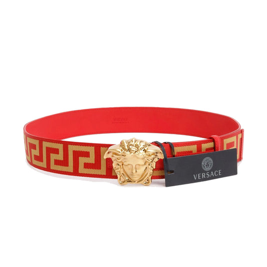 Versace Tonal Medusa Greek Key Web Belt Red/Beige (Size 80/30)