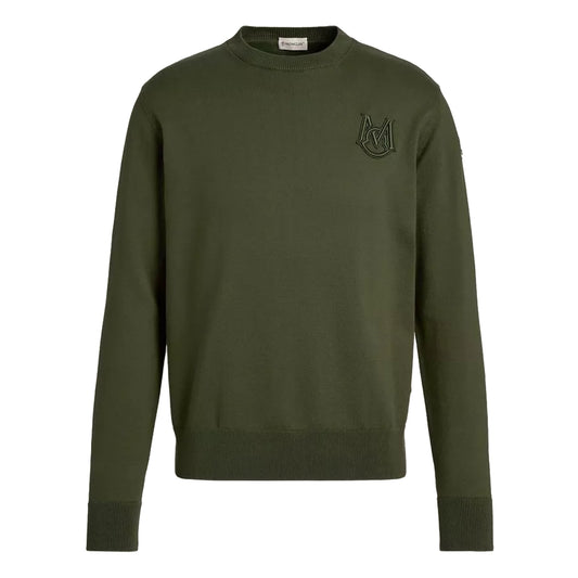 Moncler Embroidered Logo Cotton Crewneck Sweater Green