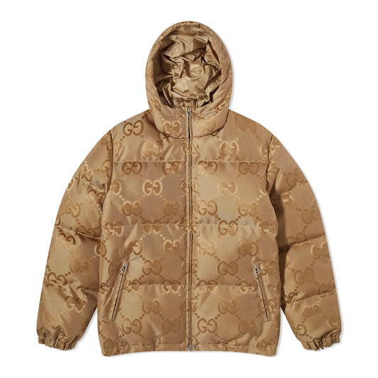 Gucci Jumbo GG Jacquard Canvas Down Hooded Jacket Beige