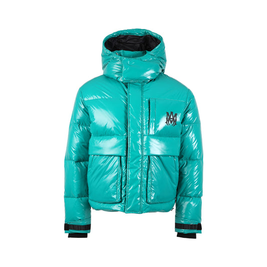 Amiri MA Logo Hooded Down Puffer Jacket Columbia Blue