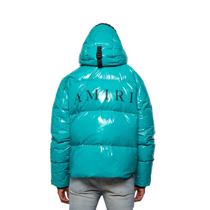 Amiri MA Logo Hooded Down Puffer Jacket Columbia Blue