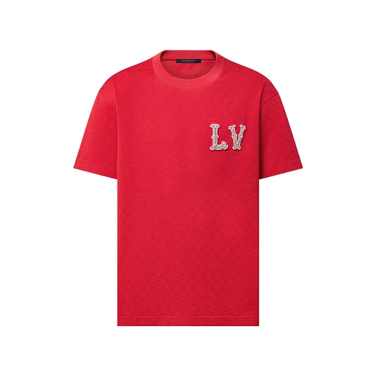 Louis Vuitton Cotton Pique T-Shirt with Embroidered LV Patch Bright Red